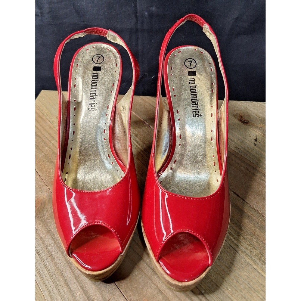 No Boundaries Marge Red Patent Peep Toe Slingback Cork Platform Heels Womens 7 - Picture 2 of 16